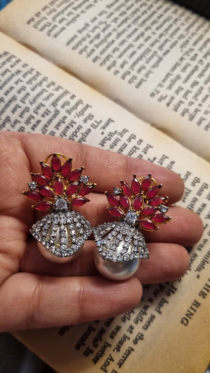 PEARL EARRINGS WITH RED STONES