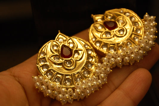 GOLDEN & RED STONE WITH PEARLS EARRINGS
