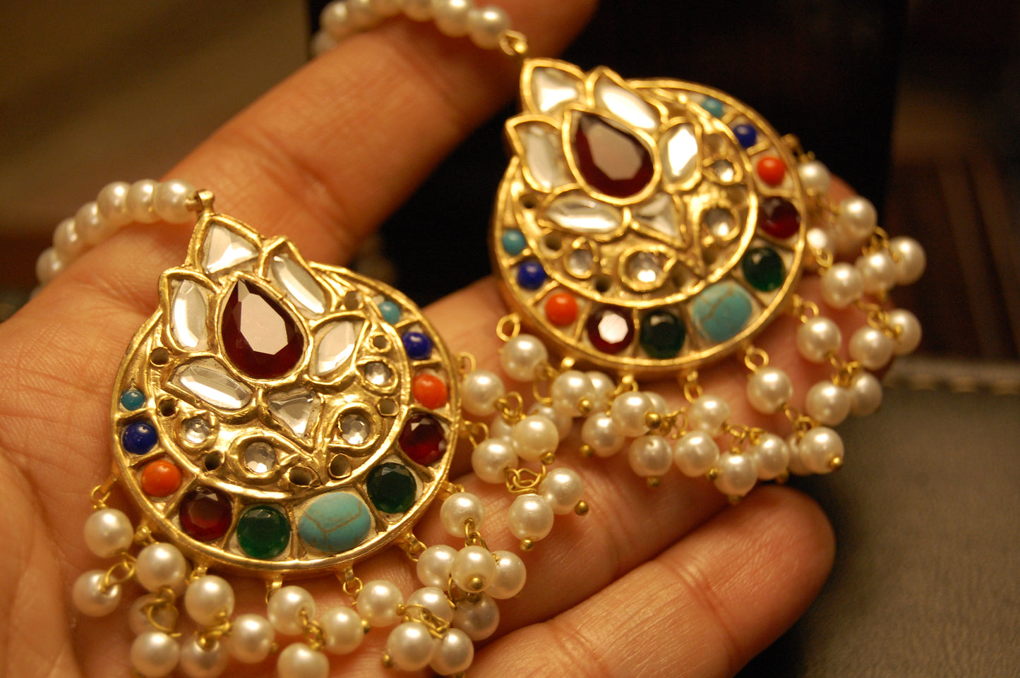 MULTI KUNDAN & PEARLS EARRINGS