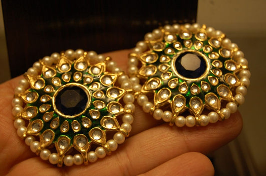GREEN MEENA EARRINGS WITH KUNDAN & BLUE STONES