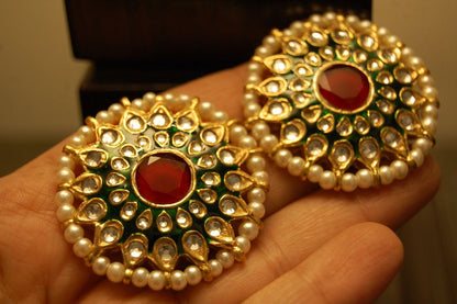 GREEN MEENA EARRINGS WITH KUNDAN & RED STONES