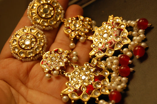 LONG RED MEENA & KUNDAN EARRINGS