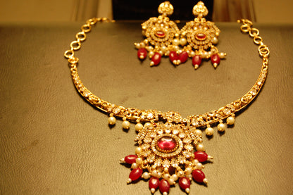 SOUTH INDIAN NECKLACE SET IN RED & ZIRCON