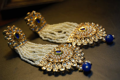 BLUE JHOOMAR STYLE EARRINGS IN KUNDAN & PEARLS
