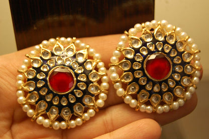 BLUE MEENA EARRINGS WITH KUNDAN & RED STONES
