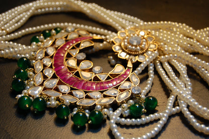 ELEGANT KUNDAN MALA IN RED & GREEN IN PEARLS STRING