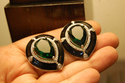 GREEN EARRINGS WITH BLACK MEENA & ZIRCONS