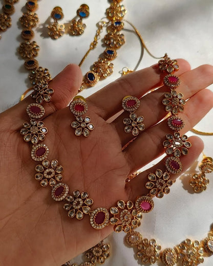 SOUTH INDIAN NECKLACE SET IN RED & ZIRCON