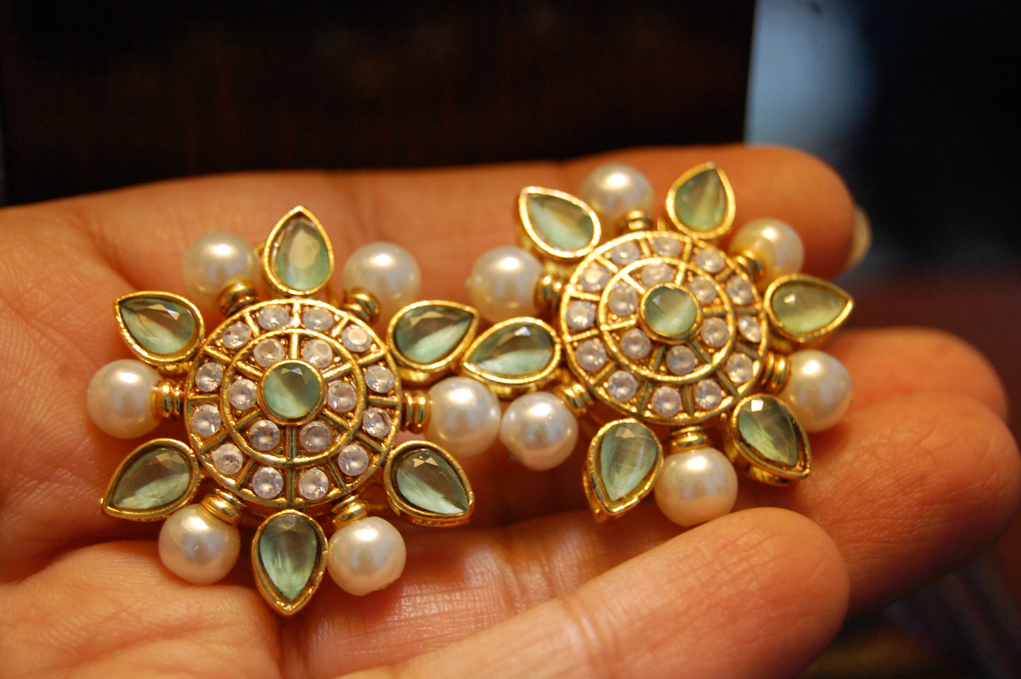 JADE GREEN, ZIRCON WITH PEARLS EARRINGS