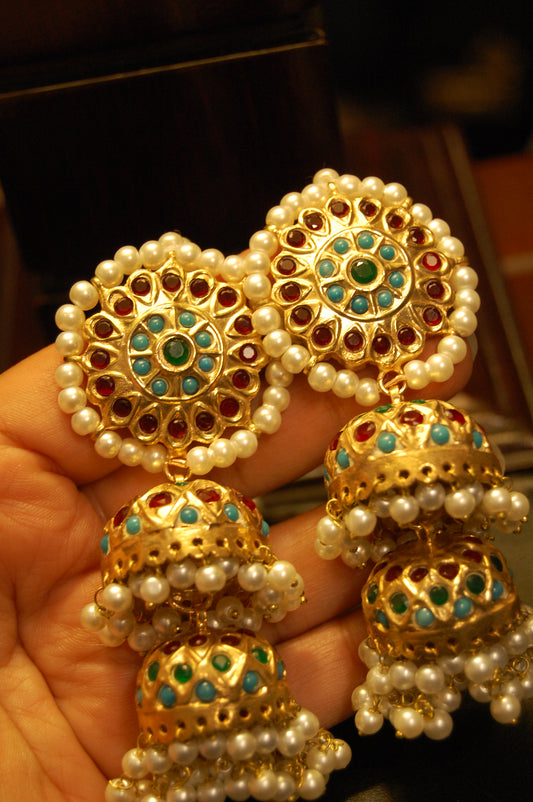 MULTI STONE TWO LAYERED JHUMKAS
