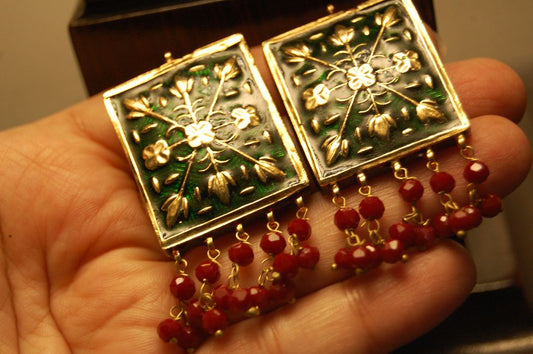 GREEN MEENA EARRINGS WITH RED