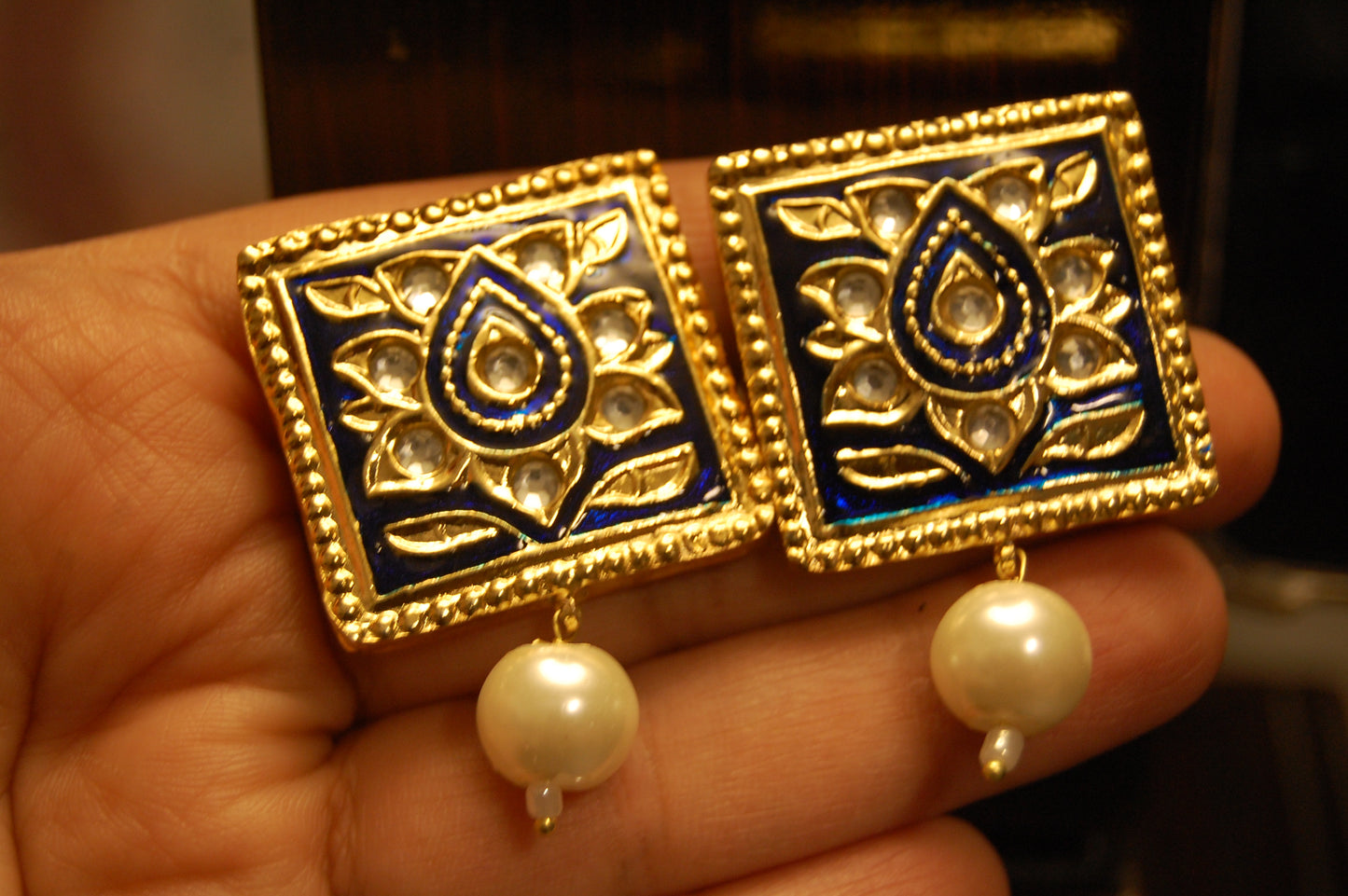 BLUE KUNDAN & MEENA EARRINGS